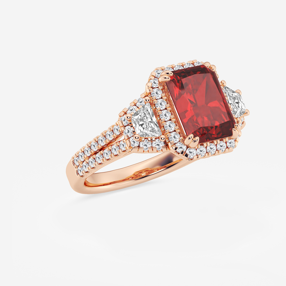 Additional Image 1 for  3 1/4 ctw Radiant Cut Ruby with Round & Trapezoid Lab Grown Diamond Side Stone Engagement Ring