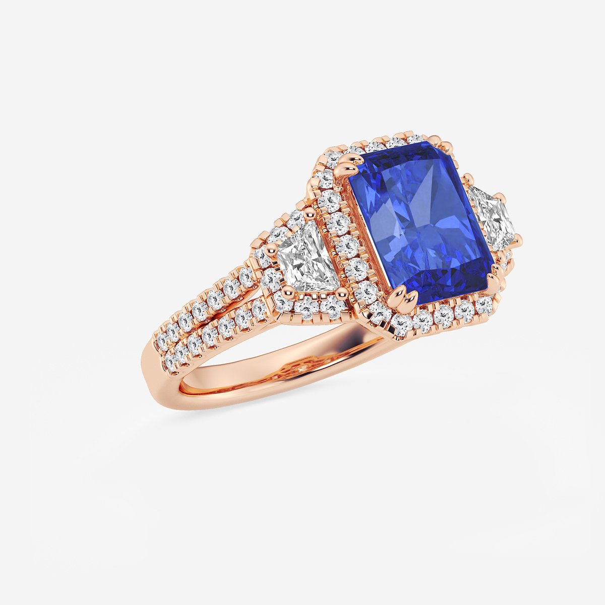 Additional Image 1 for  3 1/4 ctw Radiant Cut Sapphire with Round & Trapezoid Lab Grown Diamond Side Stone Engagement Ring