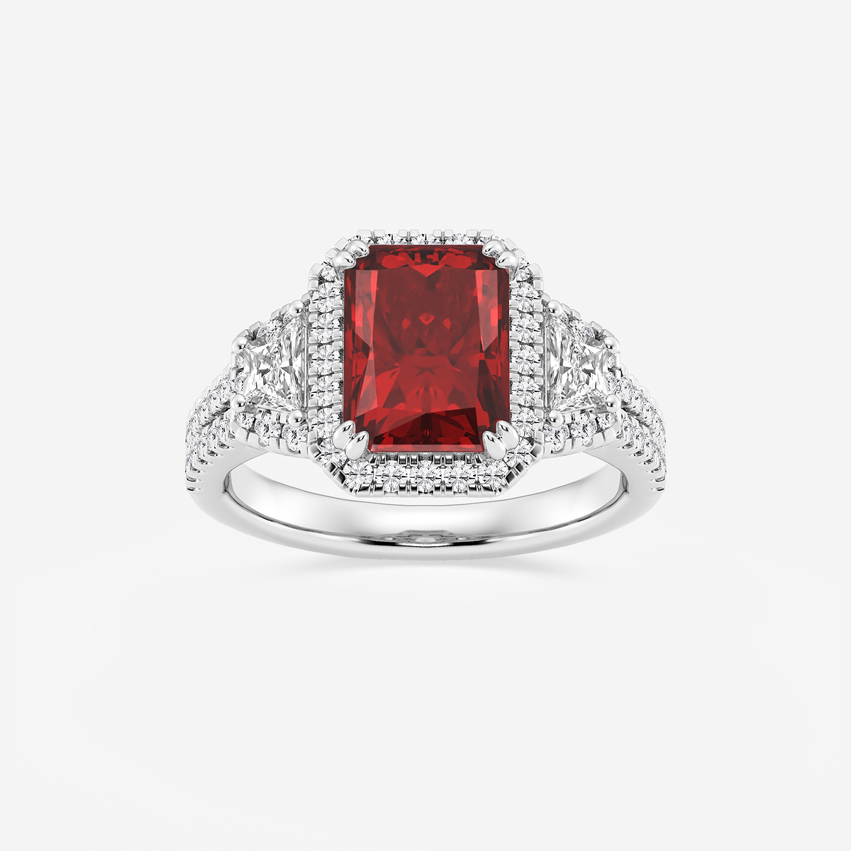 3 1/4 ctw Radiant Cut Ruby with Round & Trapezoid Lab Grown Diamond Side Stone Engagement Ring