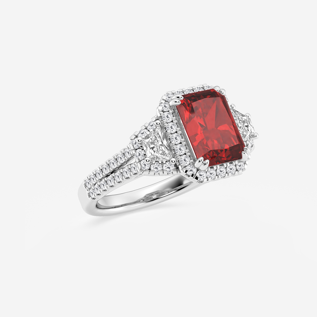 Additional Image 1 for  3 1/4 ctw Radiant Cut Ruby with Round & Trapezoid Lab Grown Diamond Side Stone Engagement Ring