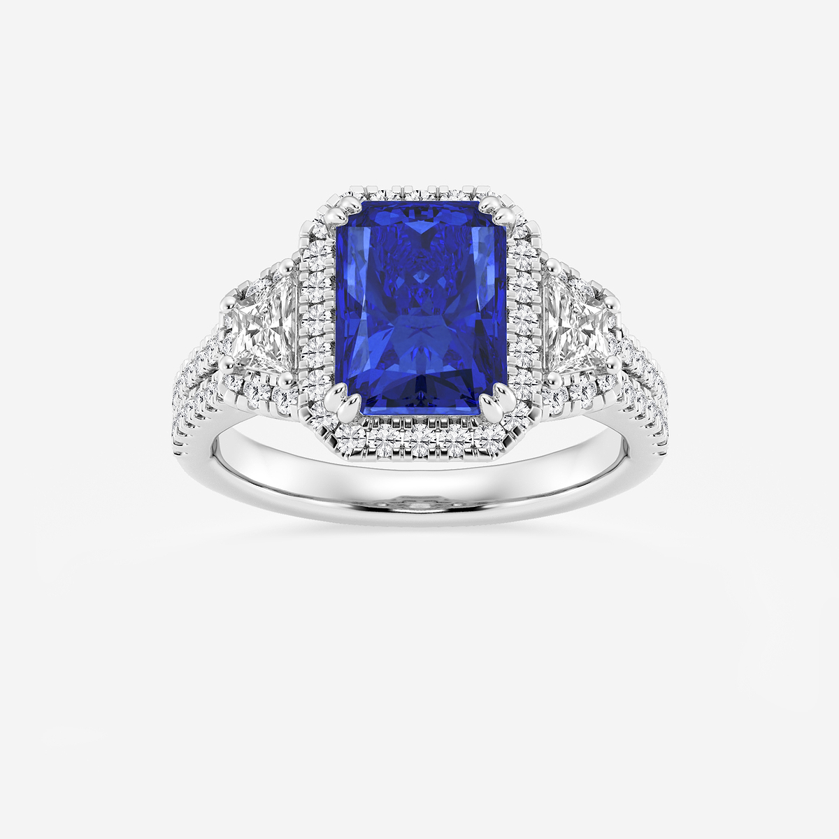 3 1/4 ctw Radiant Cut Sapphire with Round & Trapezoid Lab Grown Diamond Side Stone Engagement Ring