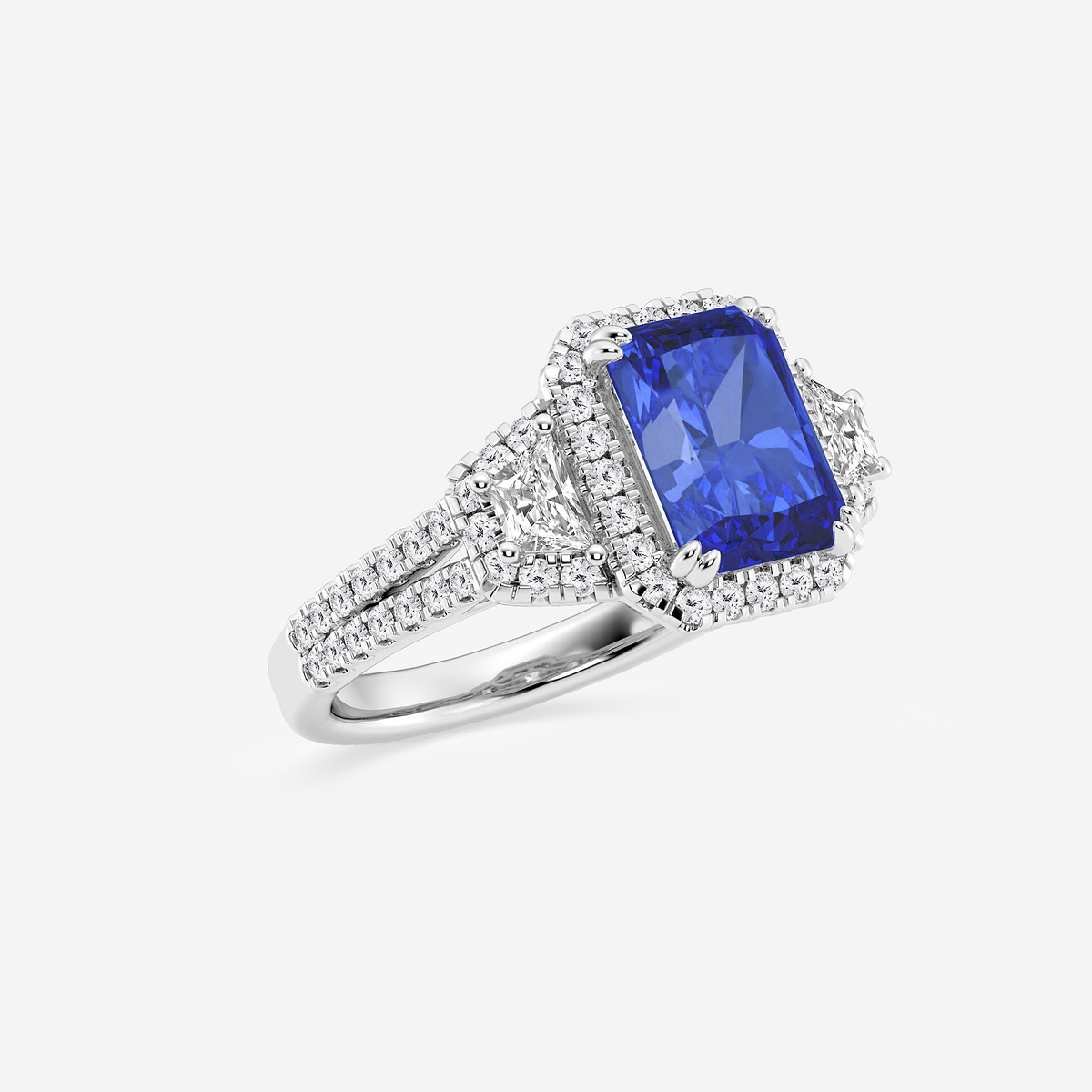 Additional Image 1 for  3 1/4 ctw Radiant Cut Sapphire with Round & Trapezoid Lab Grown Diamond Side Stone Engagement Ring