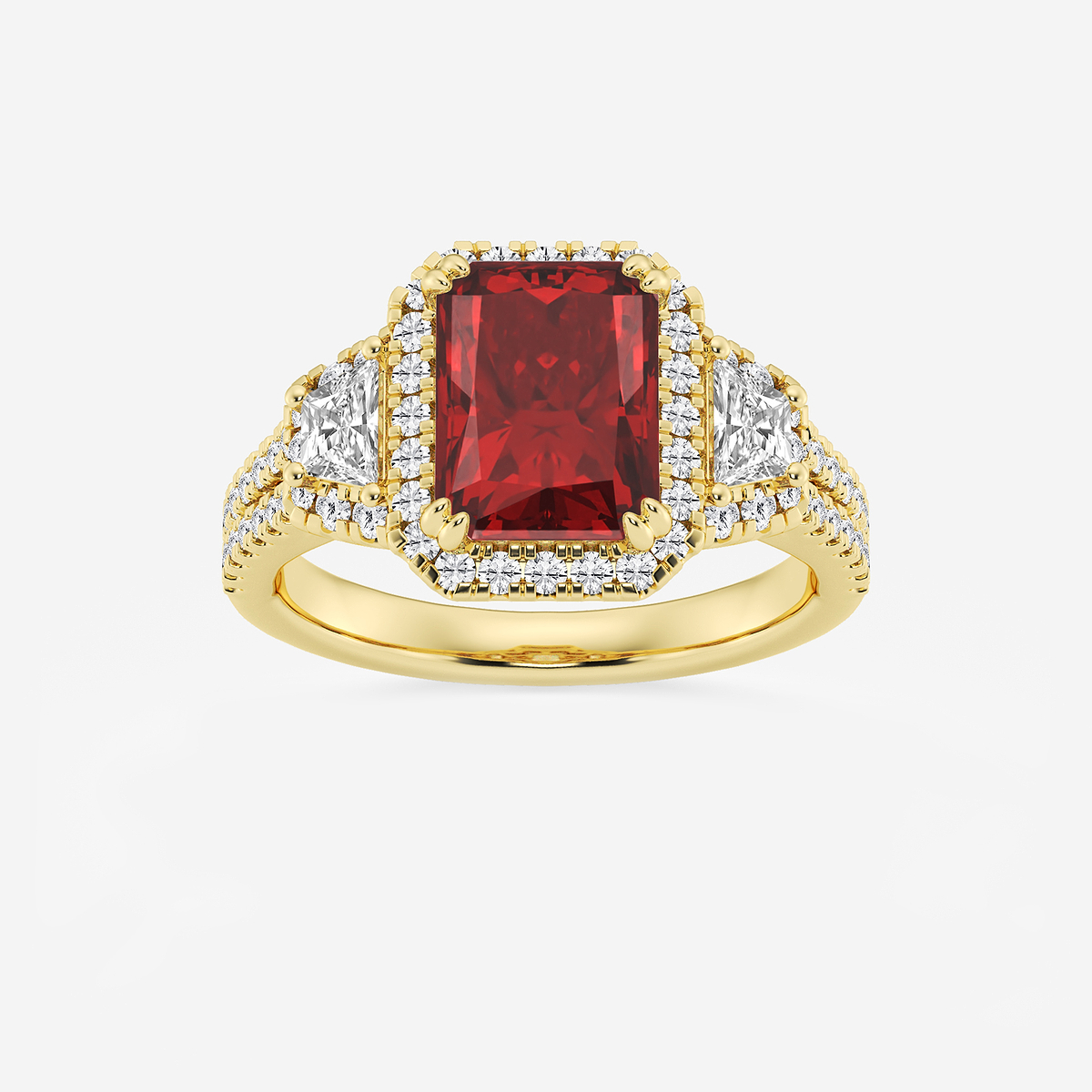 3 1/4 ctw Radiant Cut Ruby with Round & Trapezoid Lab Grown Diamond Side Stone Engagement Ring