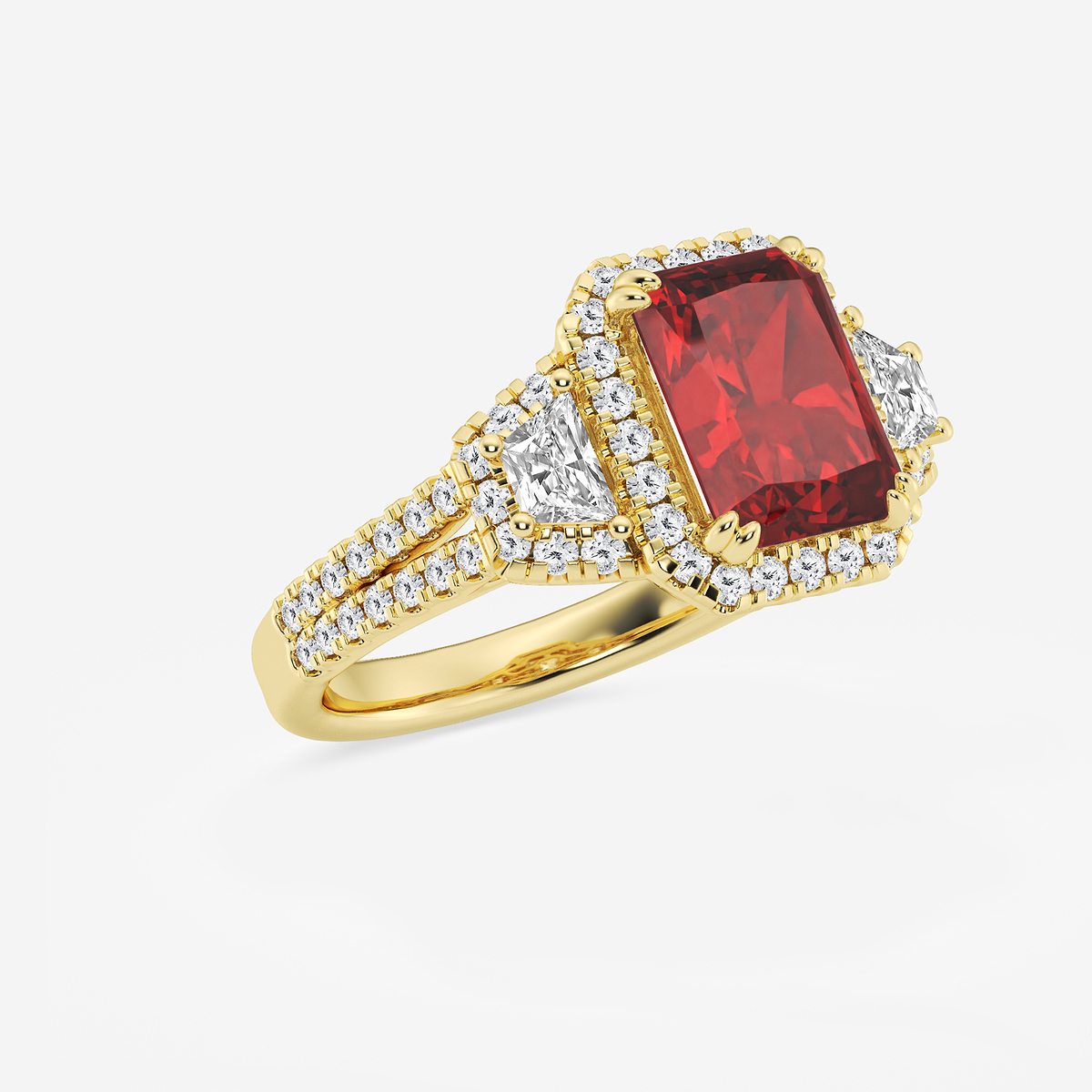 Additional Image 1 for  3 1/4 ctw Radiant Cut Ruby with Round & Trapezoid Lab Grown Diamond Side Stone Engagement Ring