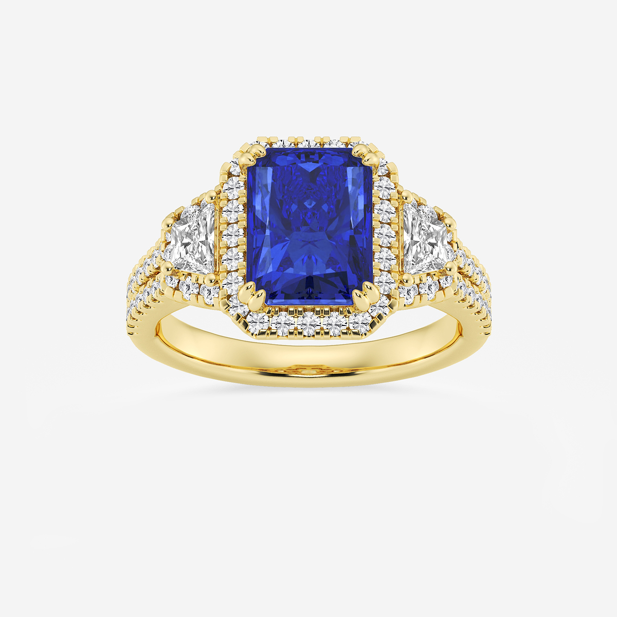 3 1/4 ctw Radiant Cut Sapphire with Round & Trapezoid Lab Grown Diamond Side Stone Engagement Ring