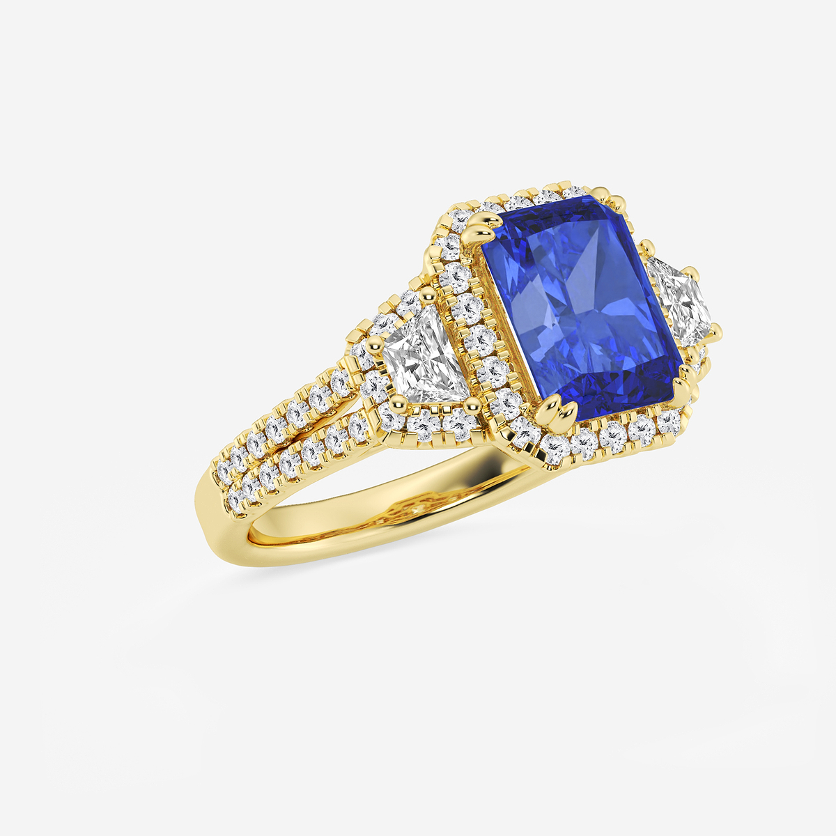 Additional Image 1 for  3 1/4 ctw Radiant Cut Sapphire with Round & Trapezoid Lab Grown Diamond Side Stone Engagement Ring