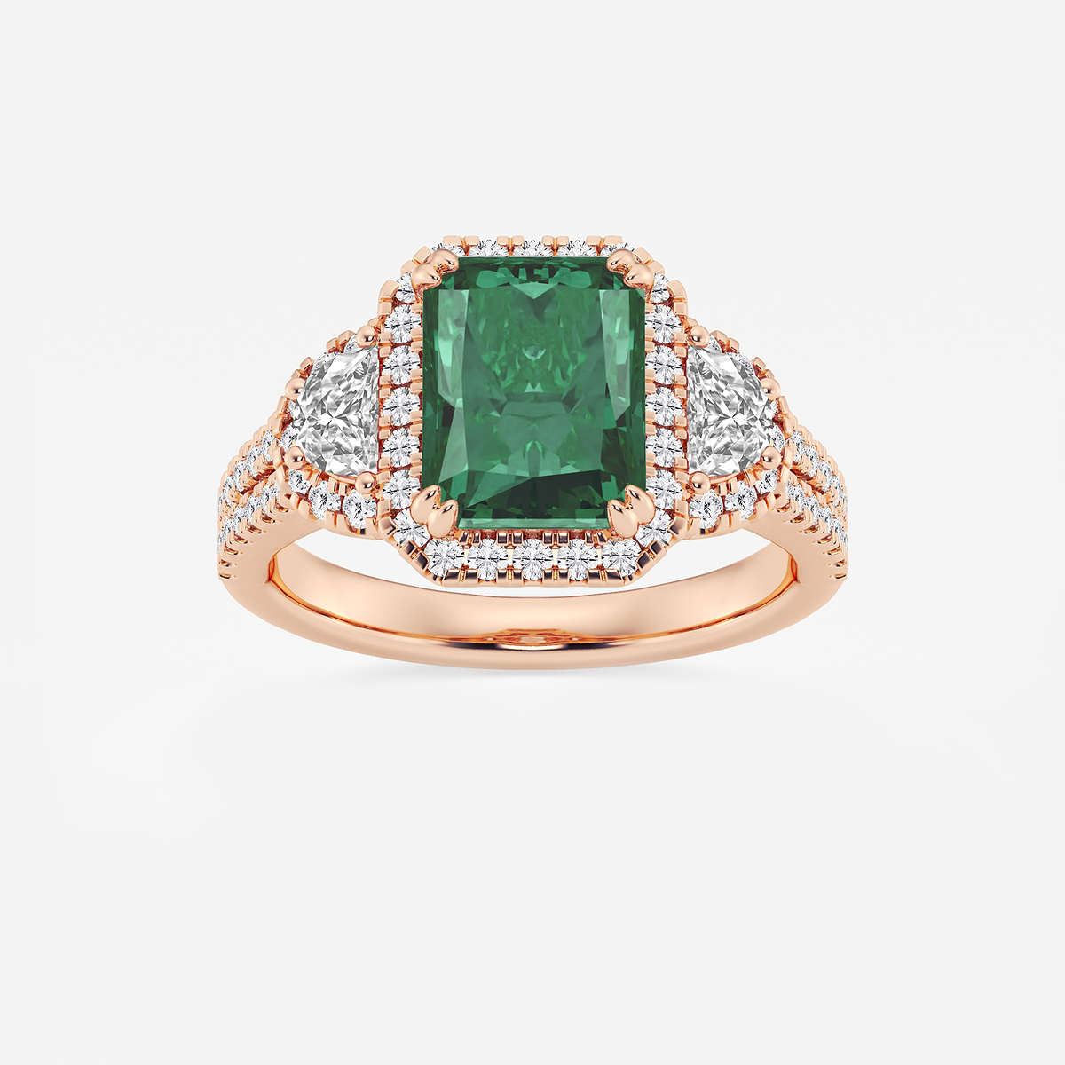 9X7 mm Radiant Cut Created Emerald and 7/8 ctw Round and Half Moon Lab Grown Diamond Side Stone Engagement Ring