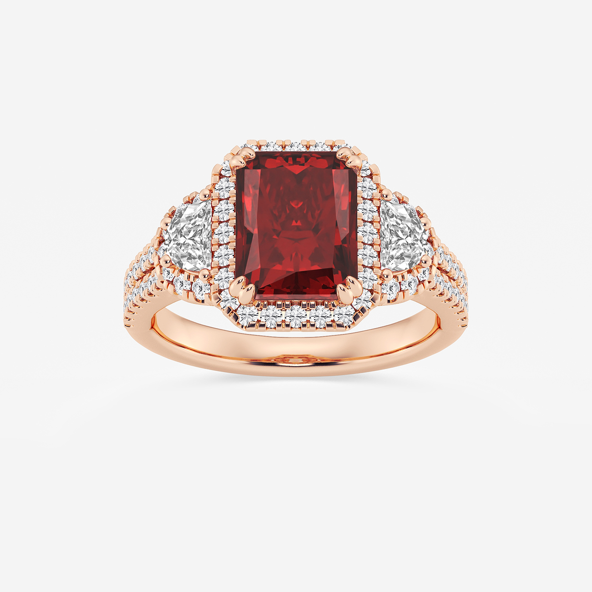 9X7 mm Radiant Cut Created Ruby and 7/8 ctw Round and Half Moon Lab Grown Diamond Side Stone Engagement Ring