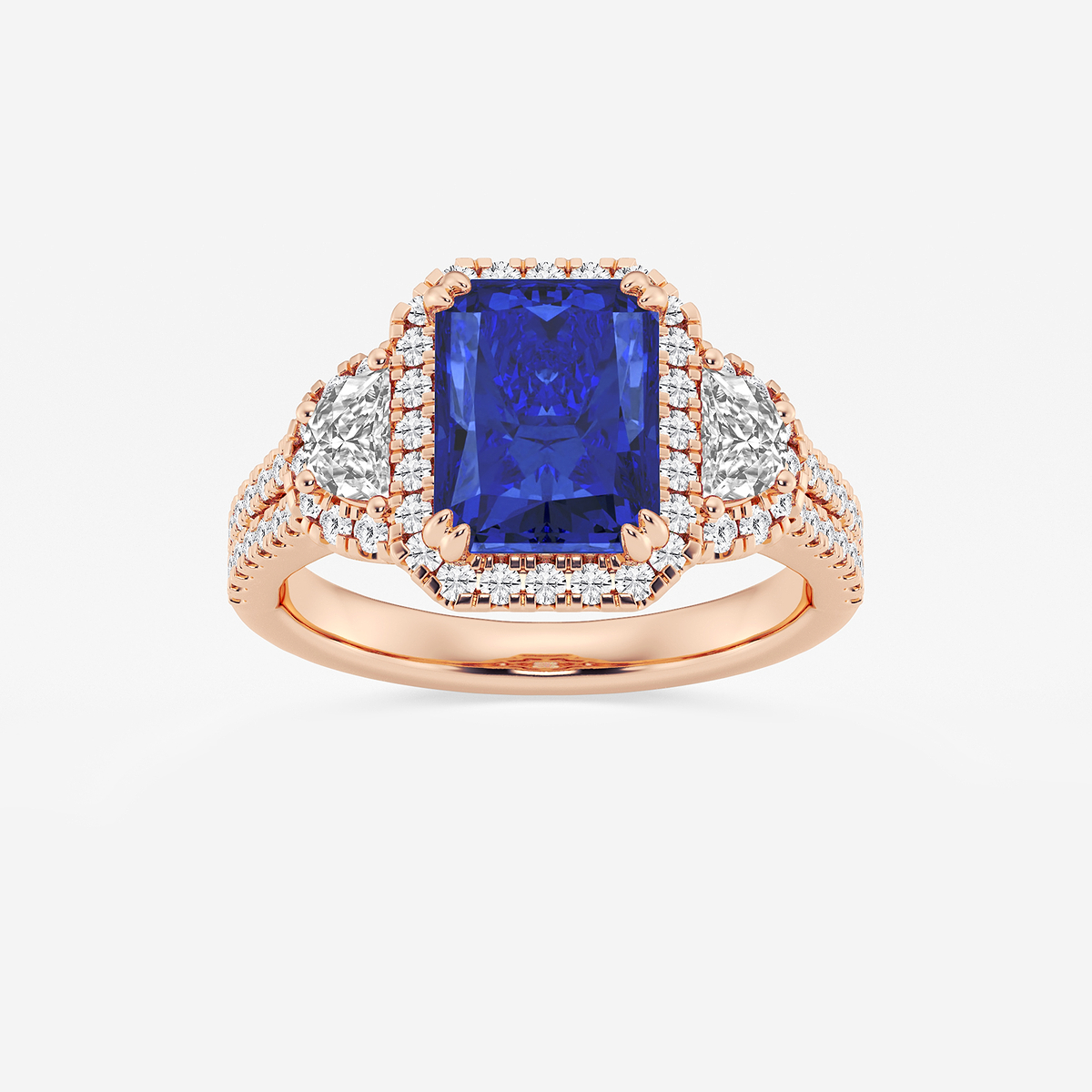 9X7 mm Radiant Cut Created Sapphire and 7/8 ctw Round and Half Moon Lab Grown Diamond Side Stone Engagement Ring