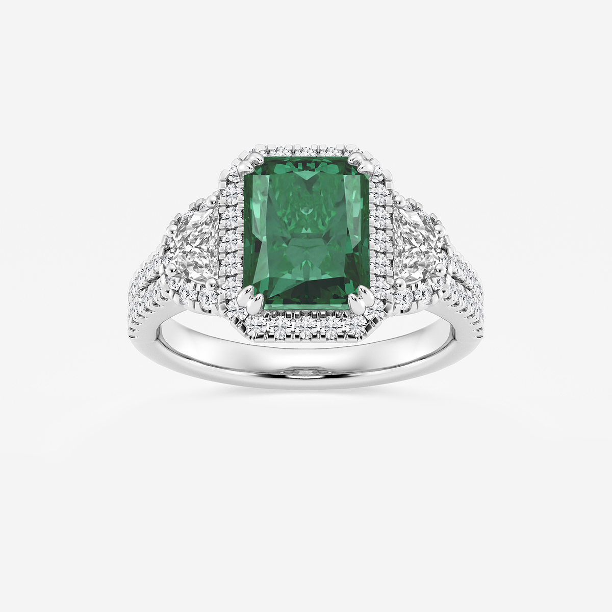 9X7 mm Radiant Cut Created Emerald and 7/8 ctw Round and Half Moon Lab Grown Diamond Side Stone Engagement Ring