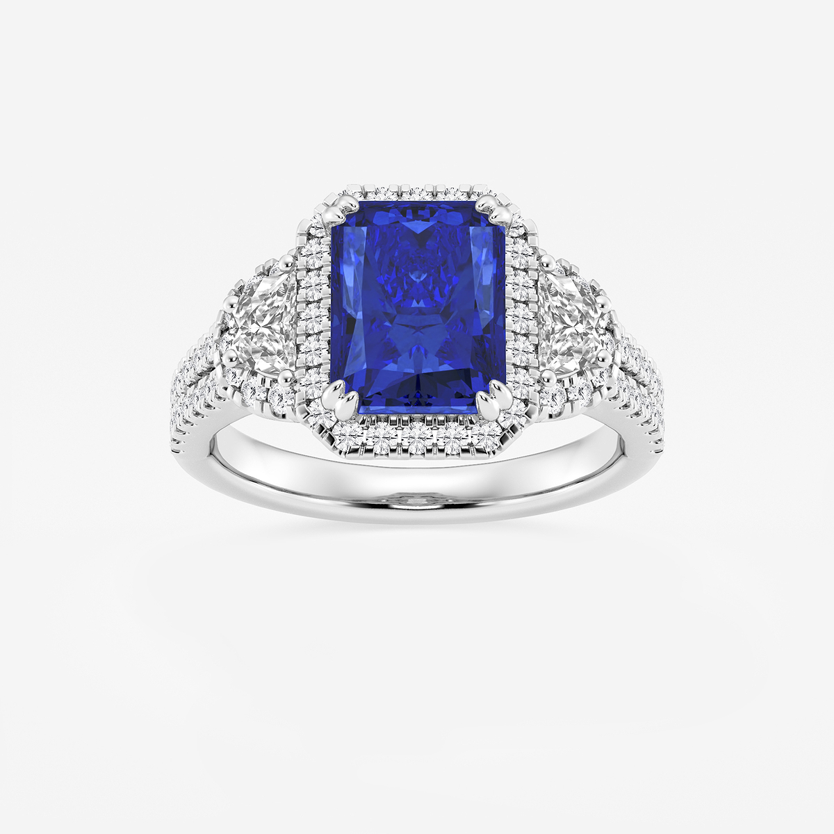 9X7 mm Radiant Cut Created Sapphire and 7/8 ctw Round and Half Moon Lab Grown Diamond Side Stone Engagement Ring