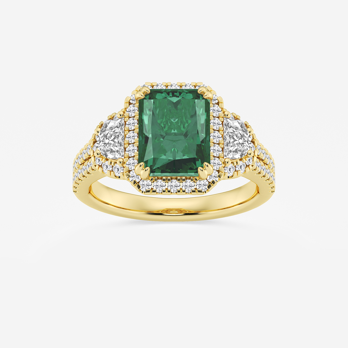 9X7 mm Radiant Cut Created Emerald and 7/8 ctw Round and Half Moon Lab Grown Diamond Side Stone Engagement Ring