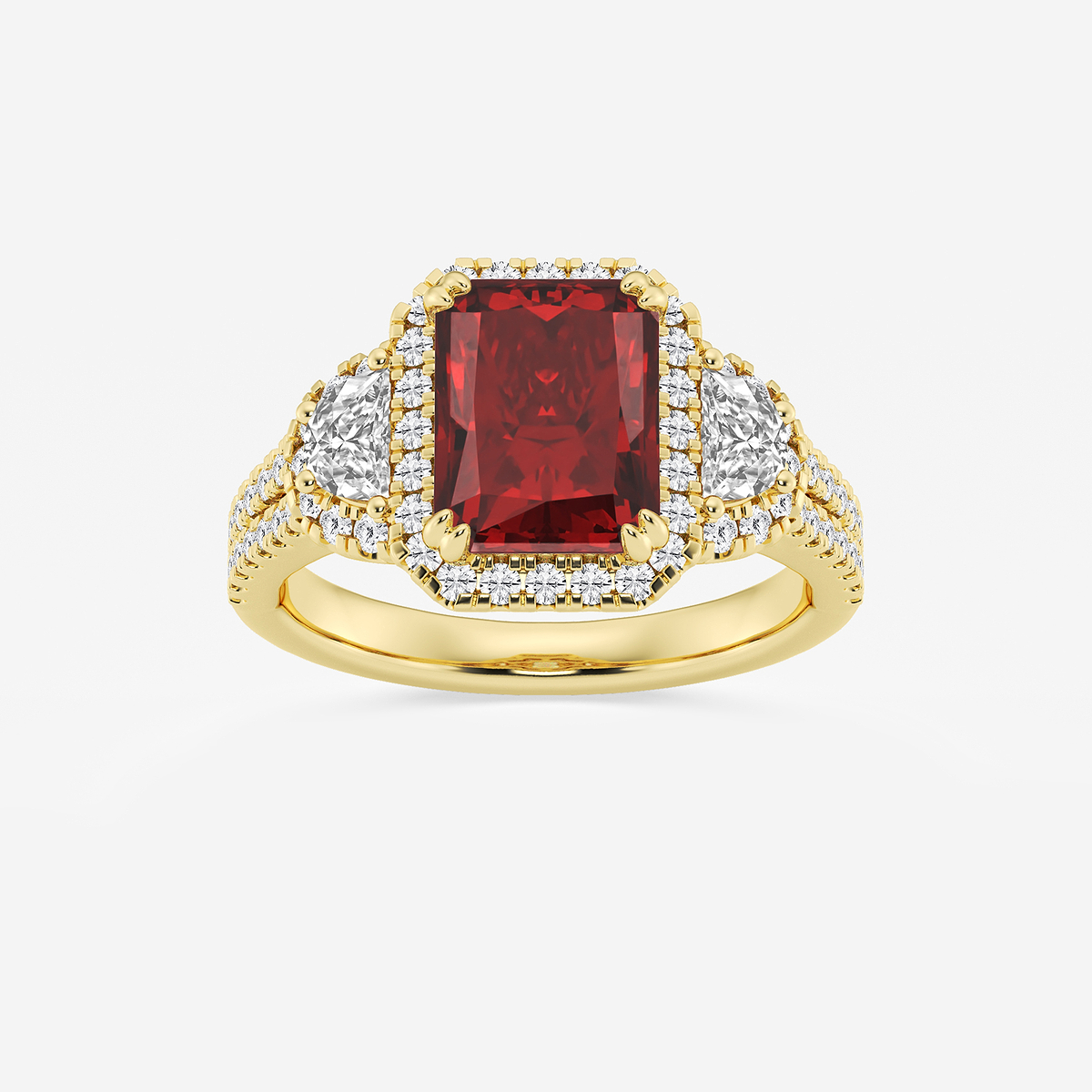 9X7 mm Radiant Cut Created Ruby and 7/8 ctw Round and Half Moon Lab Grown Diamond Side Stone Engagement Ring