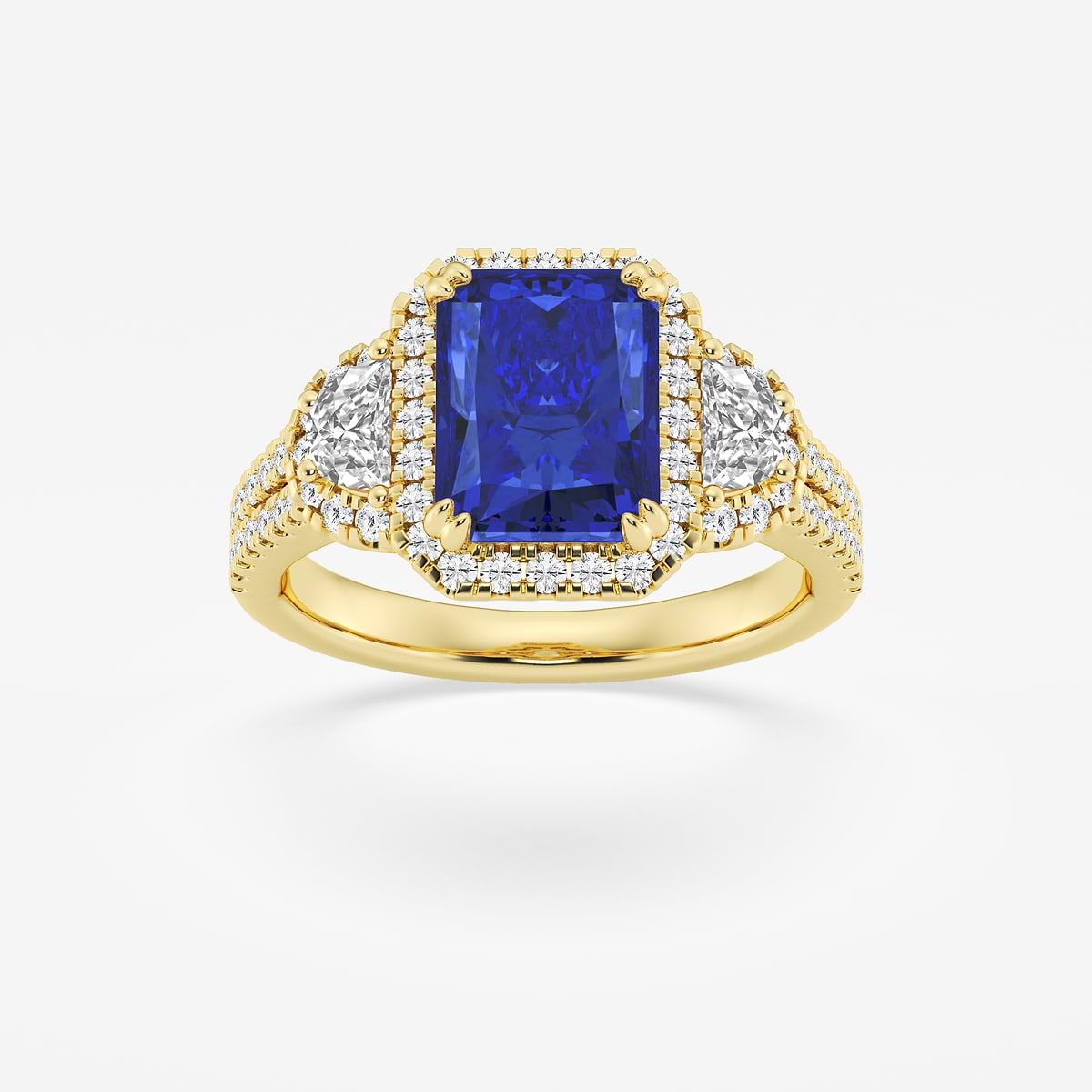 9X7 mm Radiant Cut Created Sapphire and 7/8 ctw Round and Half Moon Lab Grown Diamond Side Stone Engagement Ring