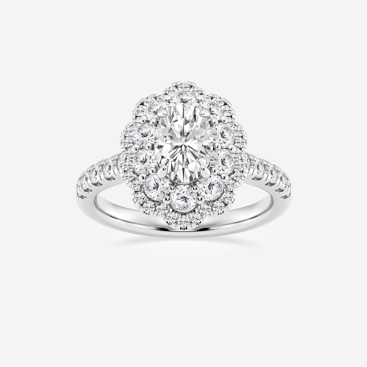 2 ctw Oval Lab Grown Diamond Double Scalloped Halo Engagement Ring