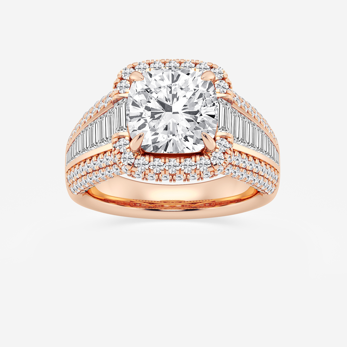 6 ctw Cushion Lab Grown Diamond Solitaire Engagement Ring with Round and Baguette Side Accents
