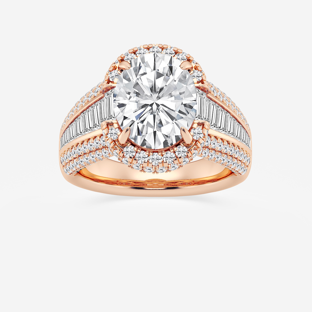 6 ctw Oval Lab Grown Diamond Solitaire Engagement Ring with Round and Baguette Side Accents