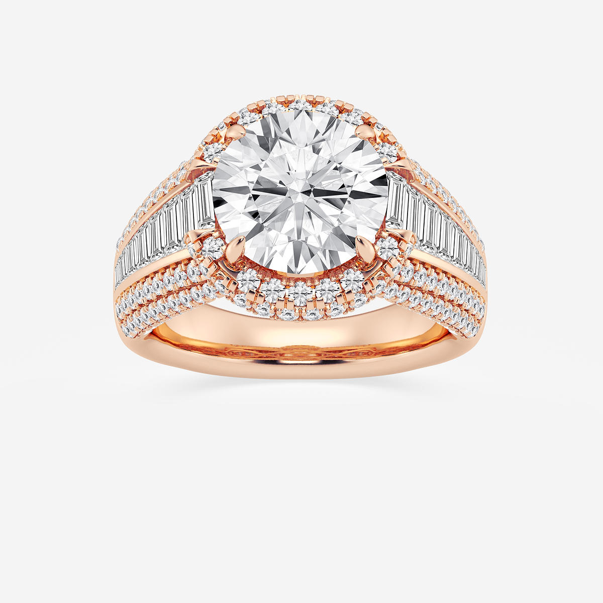 6 ctw Round Lab Grown Diamond Solitaire Engagement Ring with Round and Baguette Side Accents