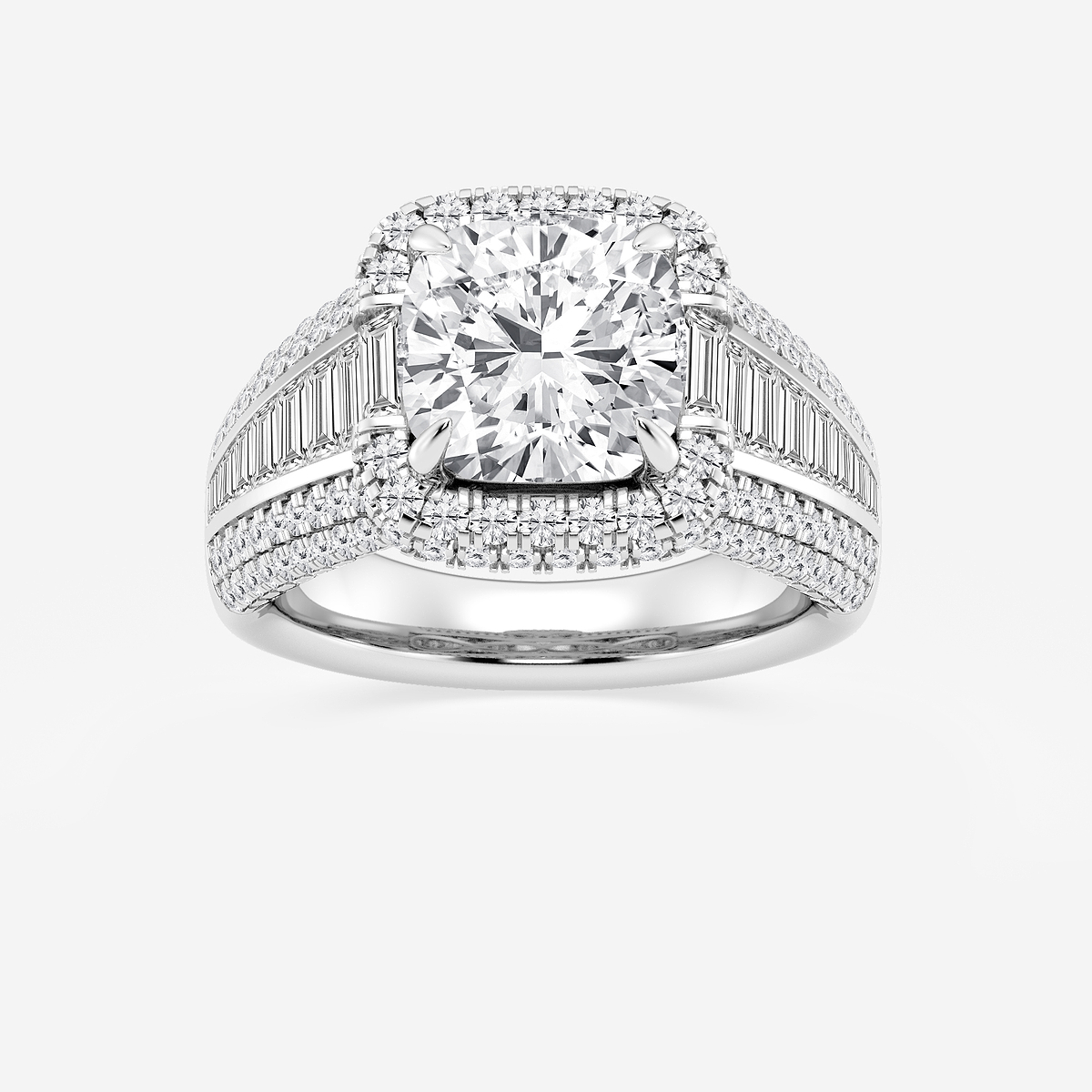 Hiba ctw Cushion Lab Grown Diamond Solitaire Engagement Ring with Round  and Baguette Side Accents 18K White Gold, E, VS1