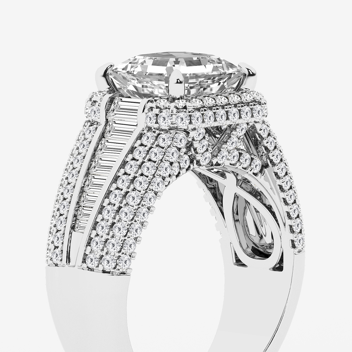 Additional Image 2 for  6 ctw Asscher Lab Grown Diamond Solitaire Engagement Ring with Round and Baguette Side Accents