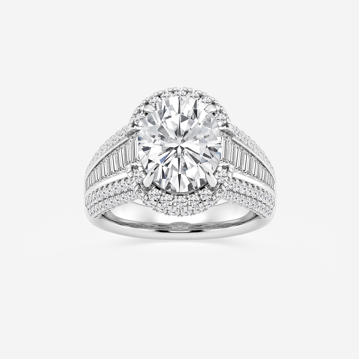 6 ctw Oval Lab Grown Diamond Solitaire Engagement Ring with Round and Baguette Side Accents