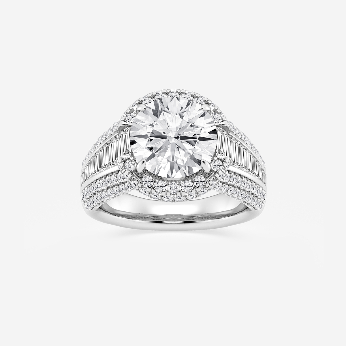 6 ctw Round Lab Grown Diamond Solitaire Engagement Ring with Round and Baguette Side Accents