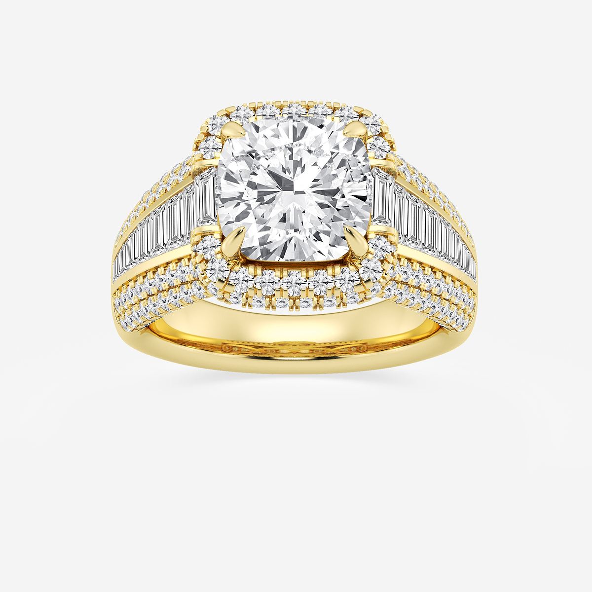 6 ctw Cushion Lab Grown Diamond Solitaire Engagement Ring with Round and Baguette Side Accents