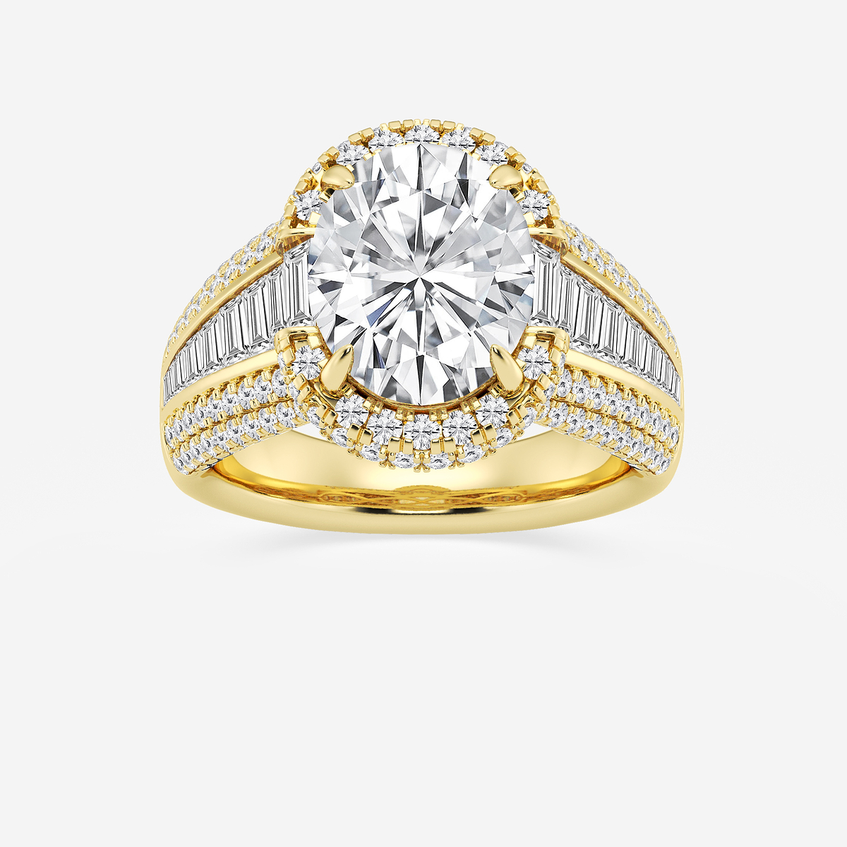 6 ctw Oval Lab Grown Diamond Solitaire Engagement Ring with Round and Baguette Side Accents