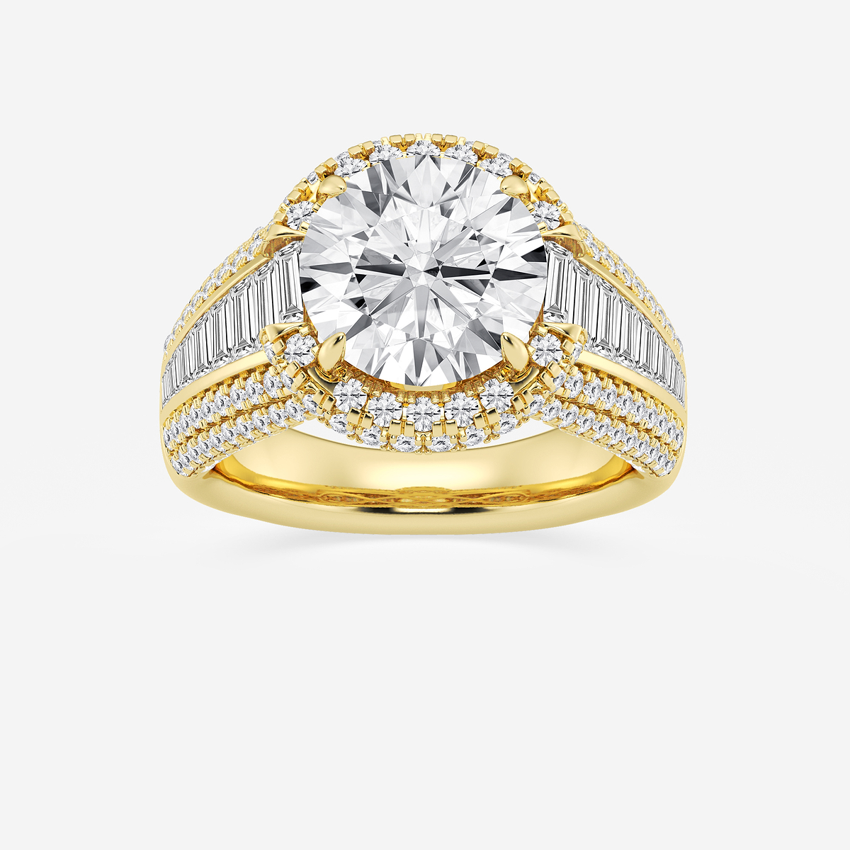 6 ctw Round Lab Grown Diamond Solitaire Engagement Ring with Round and Baguette Side Accents