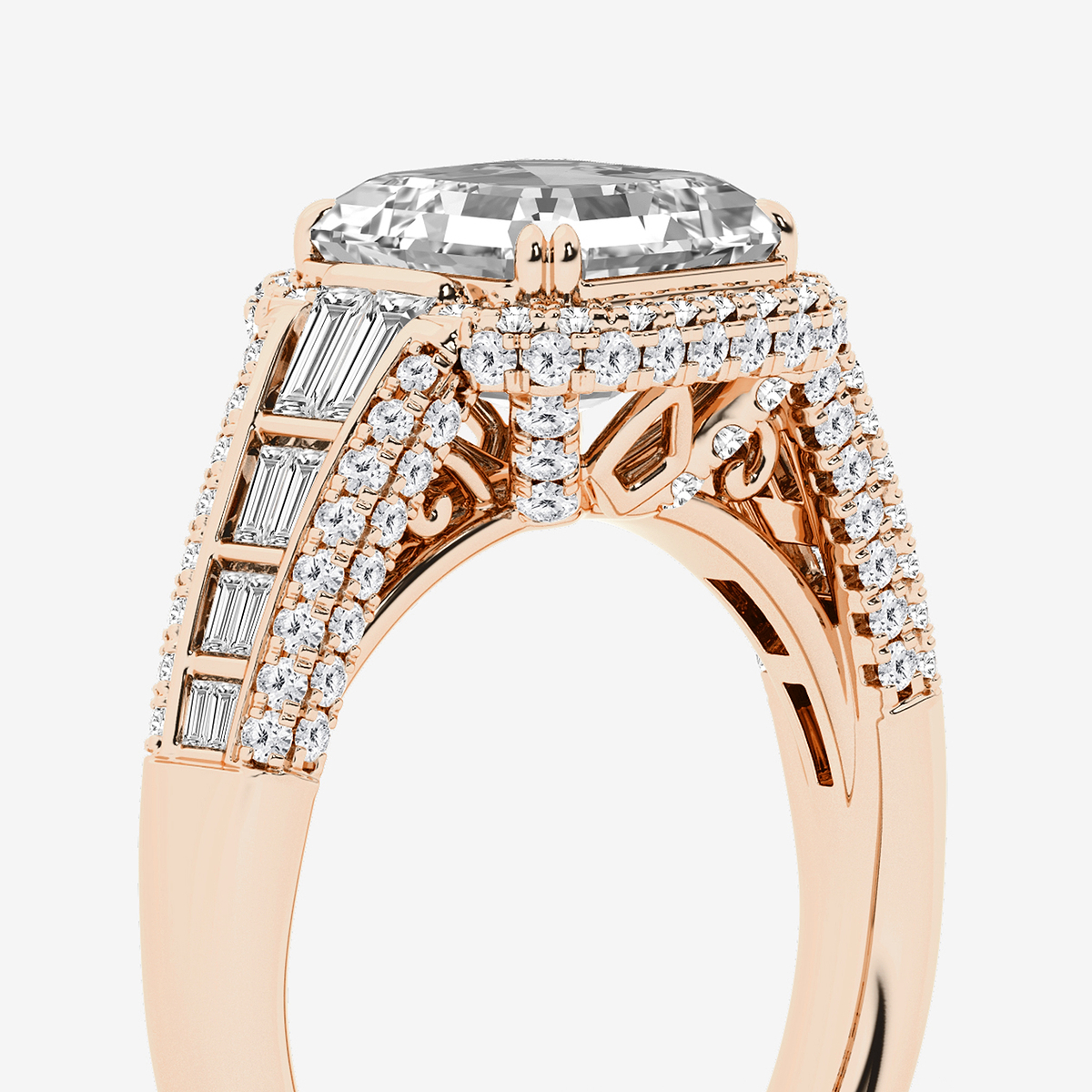 Additional Image 2 for  4 ctw Asscher Lab Grown Diamond Solitaire Engagement Ring with Round and Baguette Side Accents