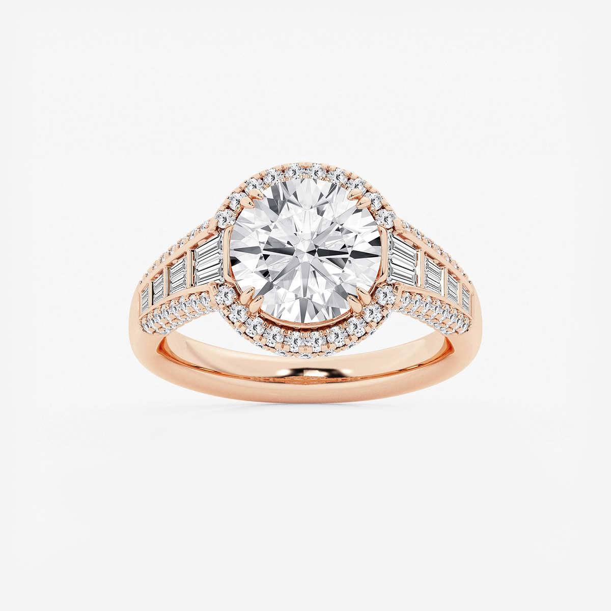 4 ctw Round Lab Grown Diamond Solitaire Engagement Ring with Round and Baguette Side Accents