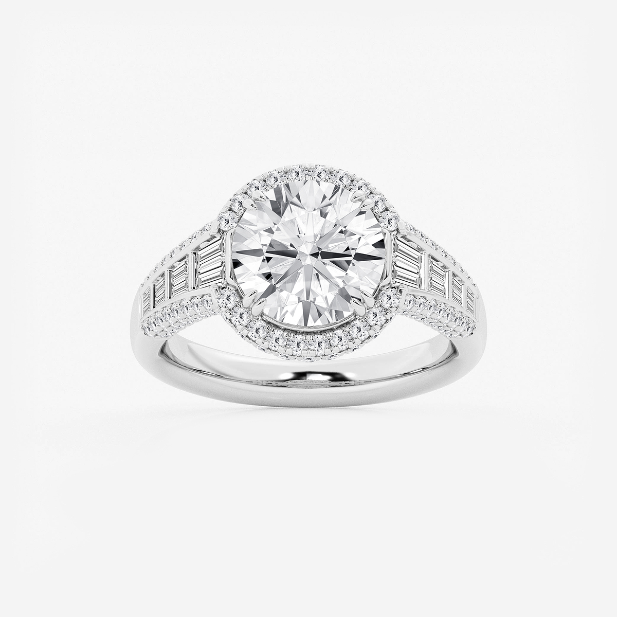 4 ctw Round Lab Grown Diamond Solitaire Engagement Ring with Round and Baguette Side Accents