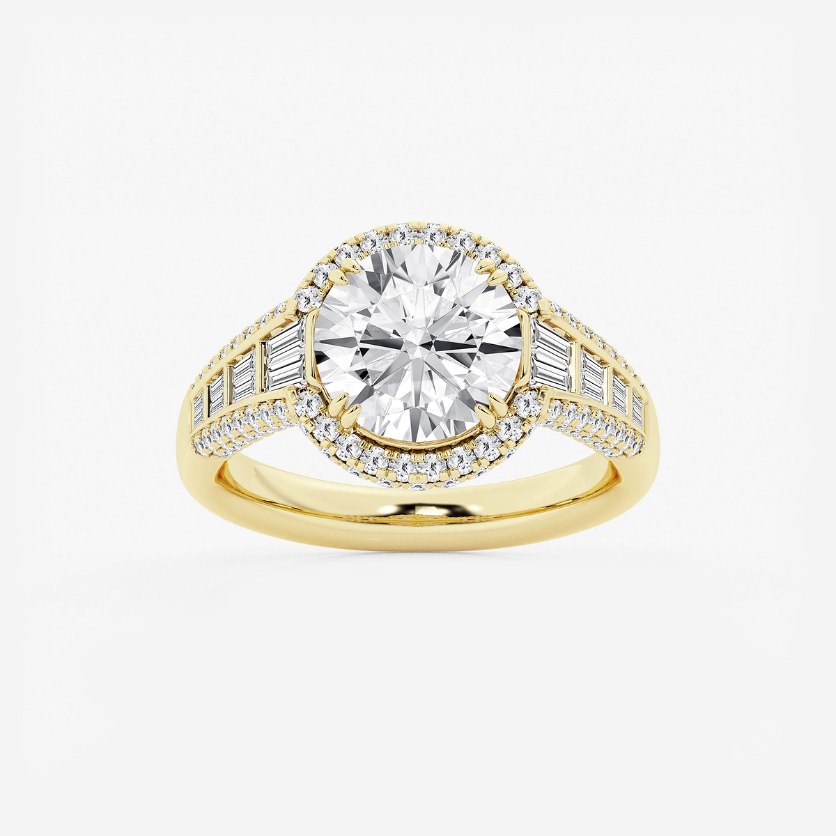4 ctw Round Lab Grown Diamond Solitaire Engagement Ring with Round and Baguette Side Accents