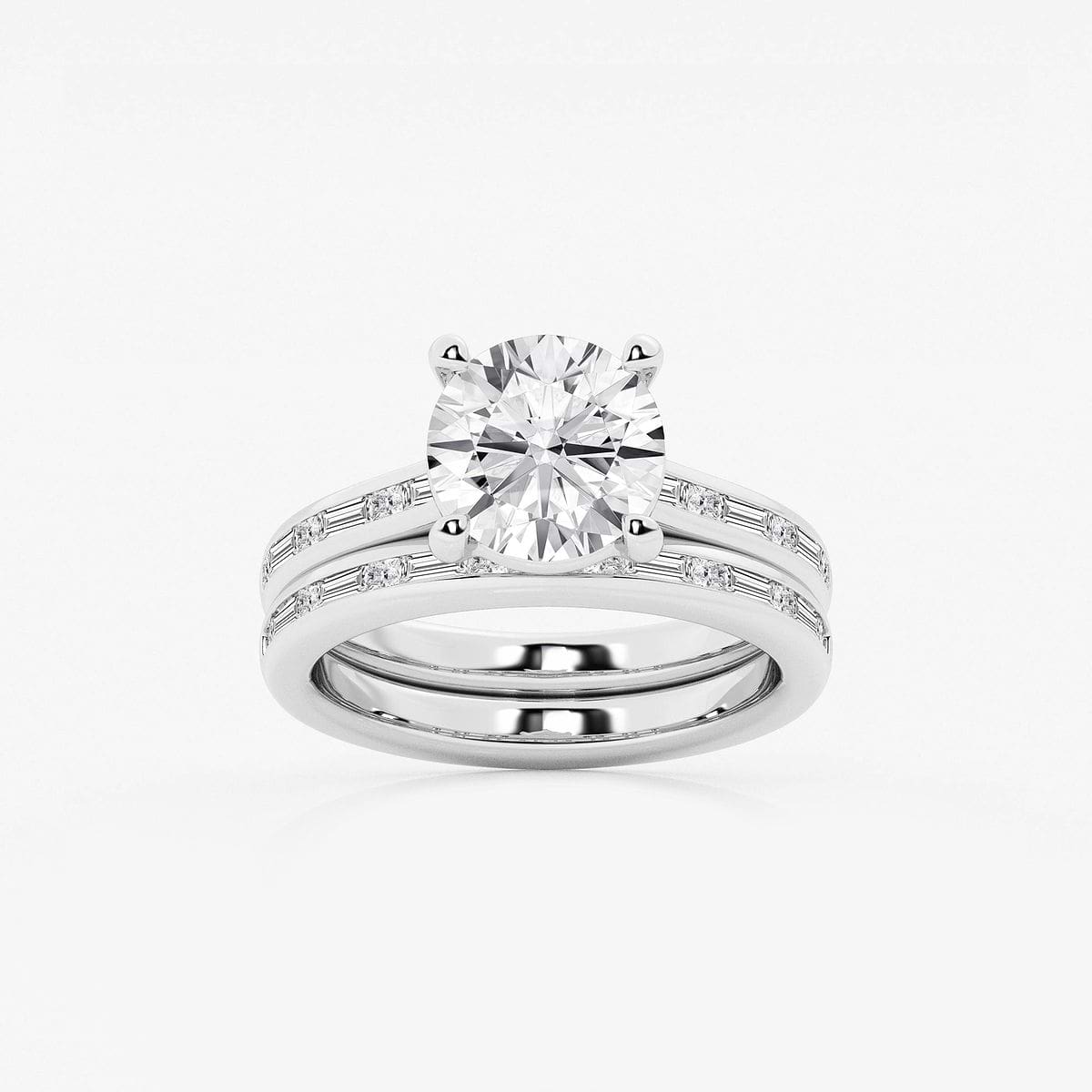 3 3/4 ctw Round Lab Grown Diamond Baguette and Princess Side Stone Bridal Set