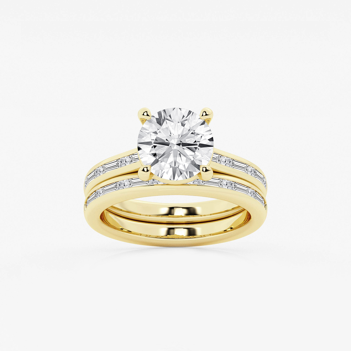 3 3/4 ctw Round Lab Grown Diamond Baguette and Princess Side Stone Bridal Set