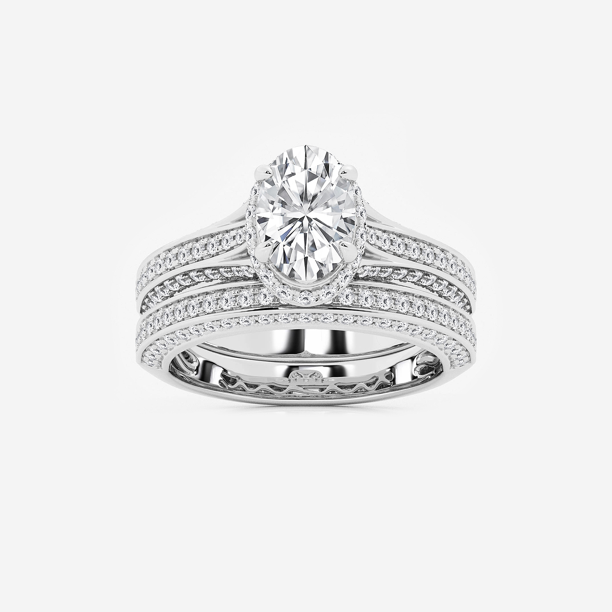 2 1/2 ctw Oval Lab Grown Diamond Channel Band Halo Bridal Set