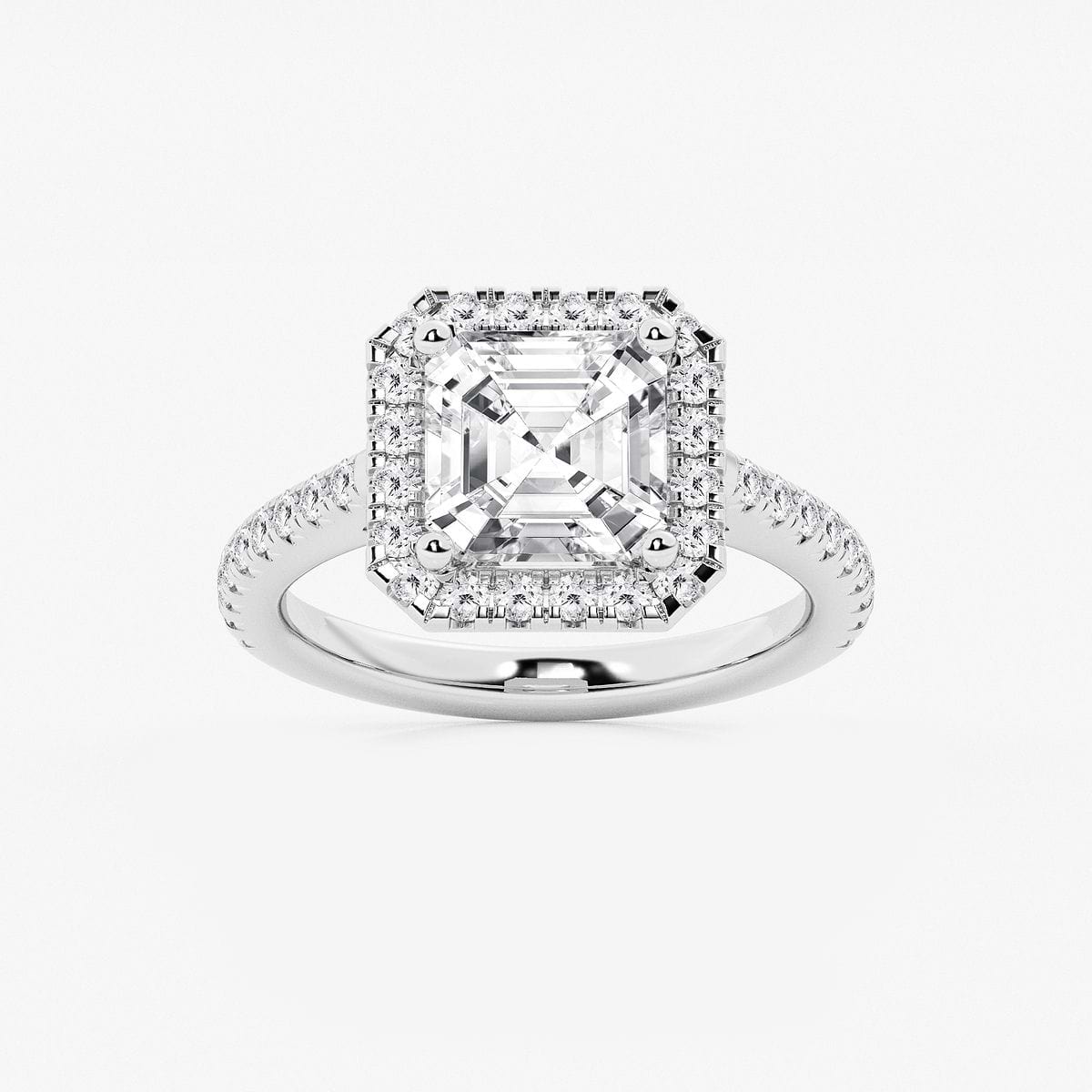 3 ctw Asscher Lab Grown Diamond French Pave Halo Engagement Ring 14K White Gold, D, VVS