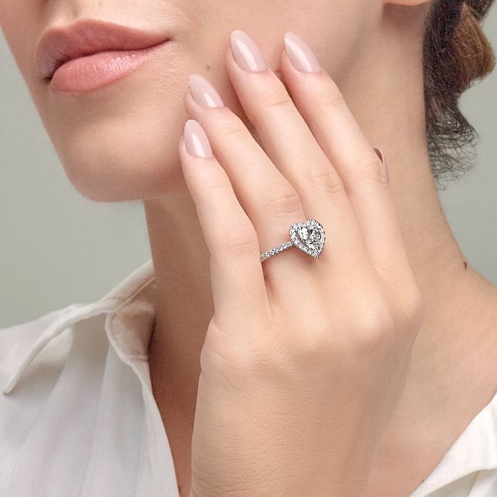 French Pave Heart Halo Engagement Ring