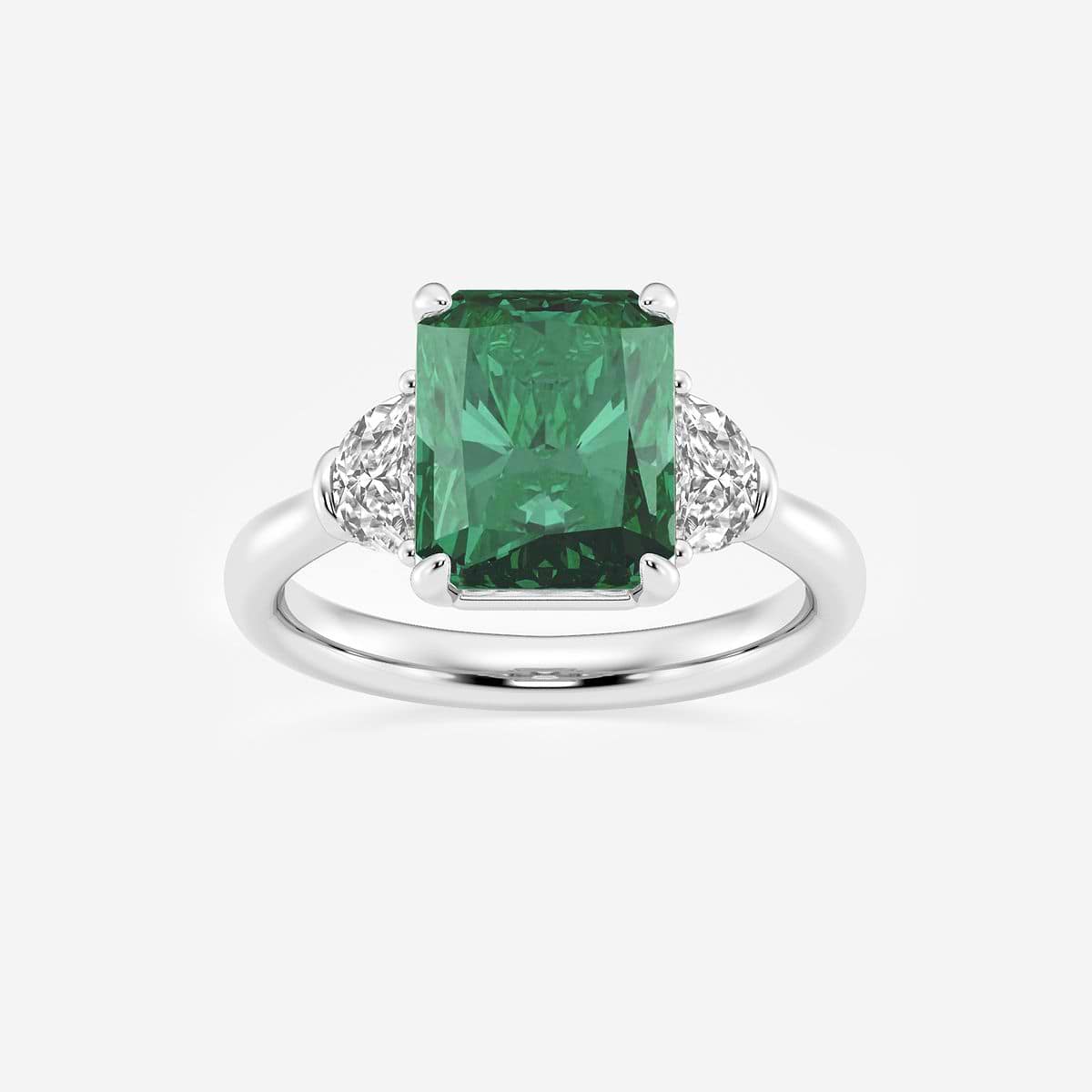 10x8mm Radiant Cut Created Emerald and 5/8 ctw Lab Grown Diamond Three-Stone Engagement Ring 14K White Gold
