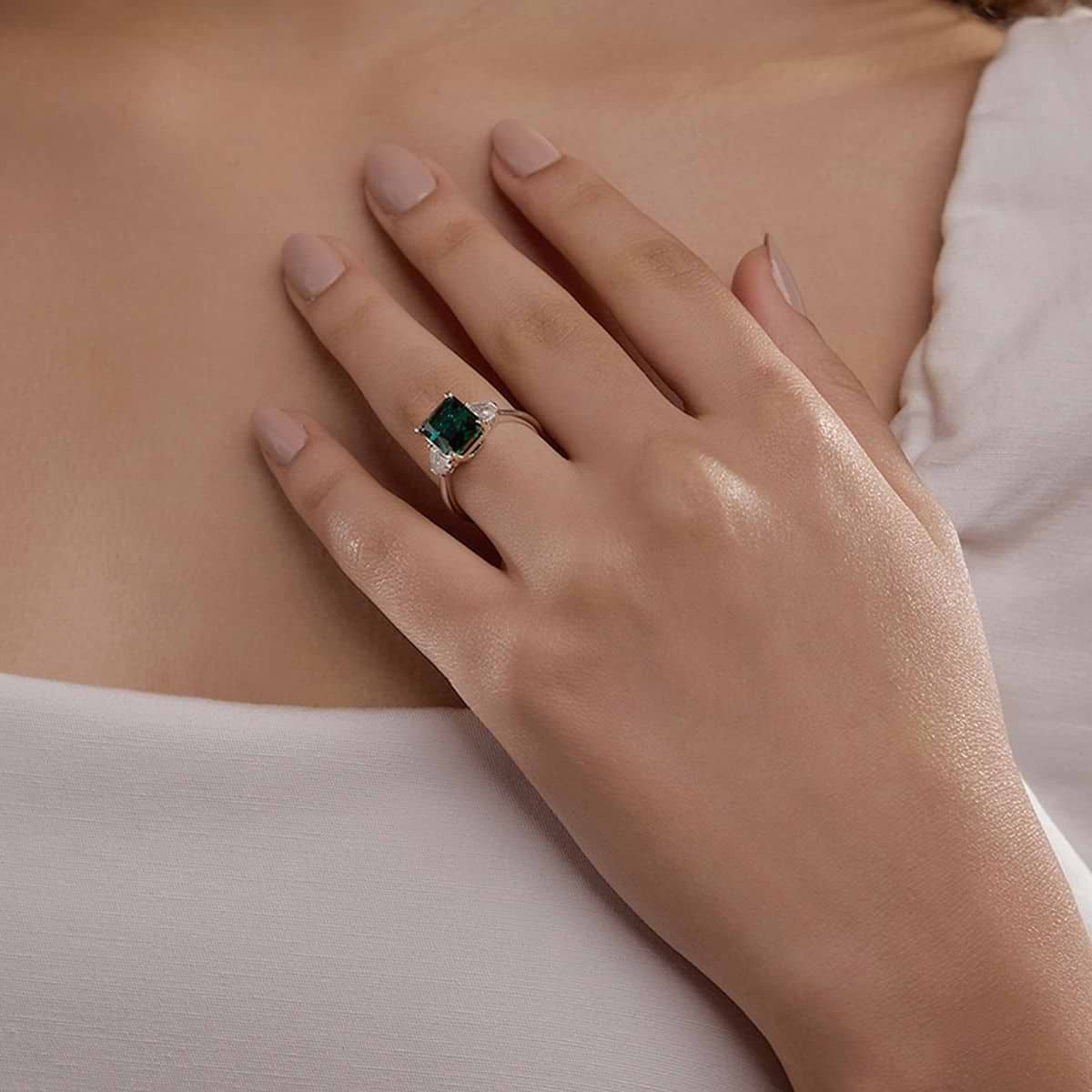 10x8mm Radiant Cut Created Emerald and 5/8 ctw Lab Grown Diamond Three-Stone Engagement Ring 14K White Gold