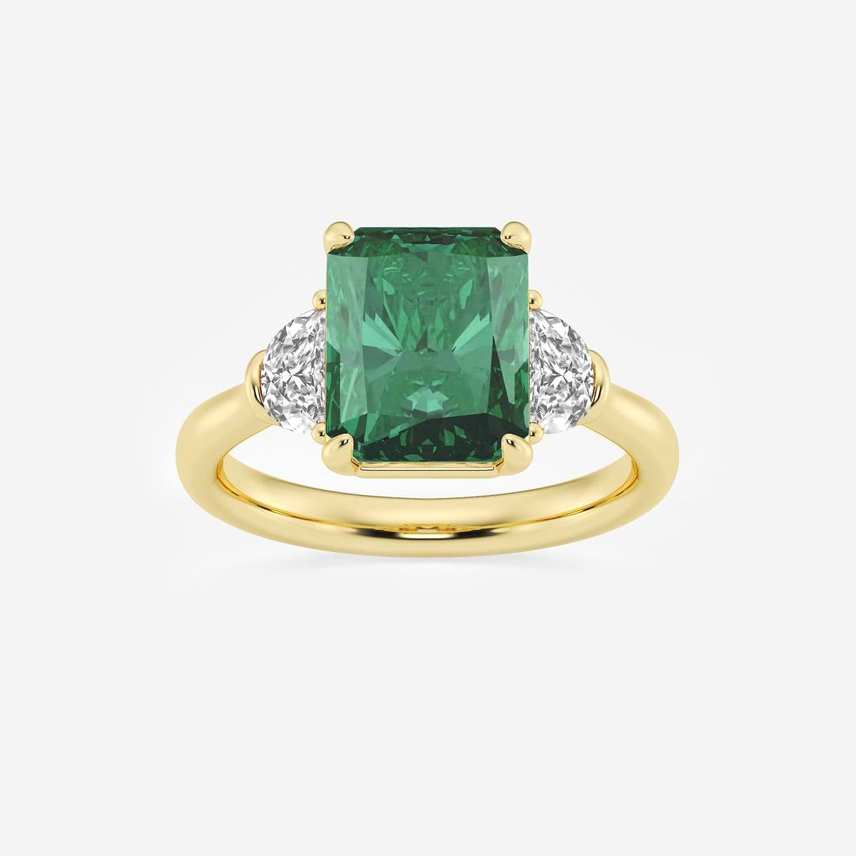 10x8mm Radiant Cut Created Emerald and 5/8 ctw Lab Grown Diamond Three-Stone Engagement Ring 14K Yellow Gold