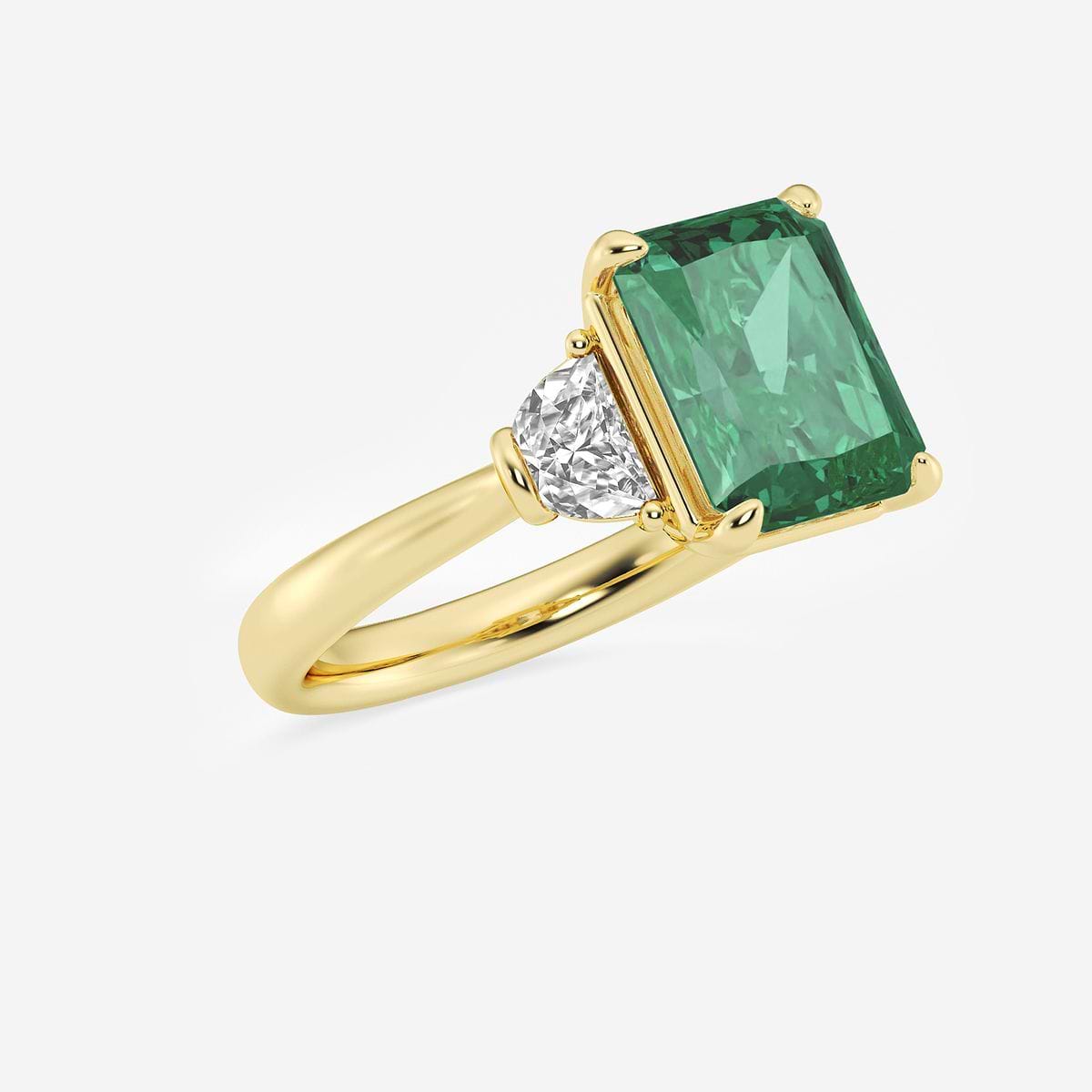 10x8mm Radiant Cut Created Emerald and 5/8 ctw Lab Grown Diamond Three-Stone Engagement Ring 14K Yellow Gold