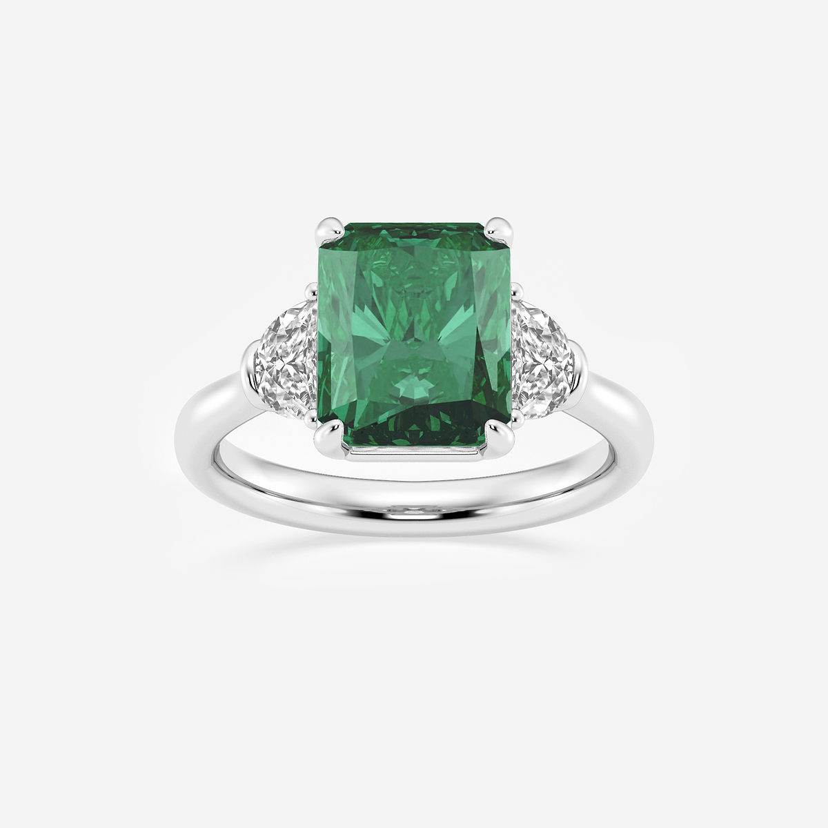 10x8mm Radiant Cut Created Emerald and 5/8 ctw Lab Grown Diamond Three-Stone Engagement Ring