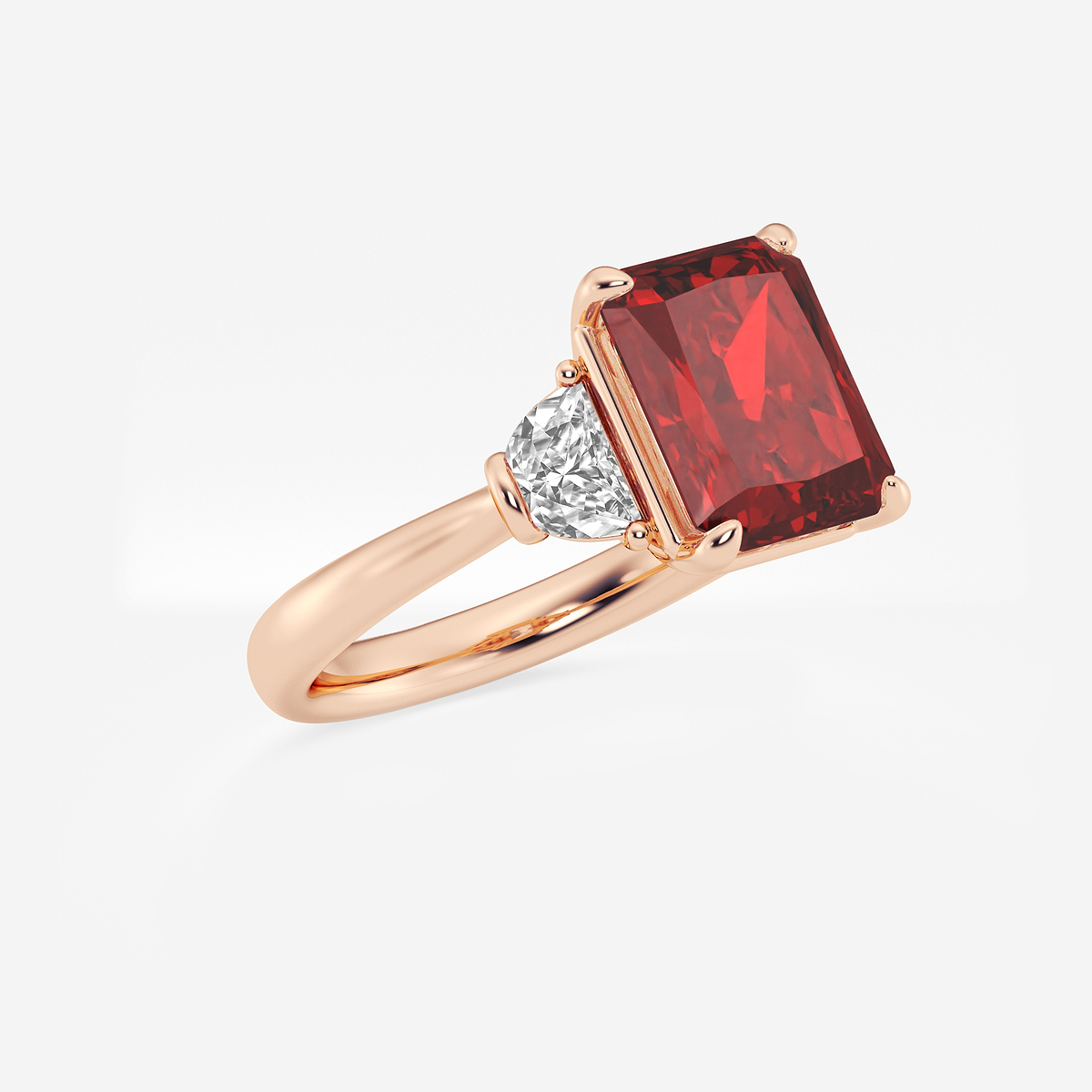 Additional Image 1 for  10x8mm Radiant Cut Created Ruby and 5/8 ctw Lab Grown Diamond Three-Stone Engagement Ring