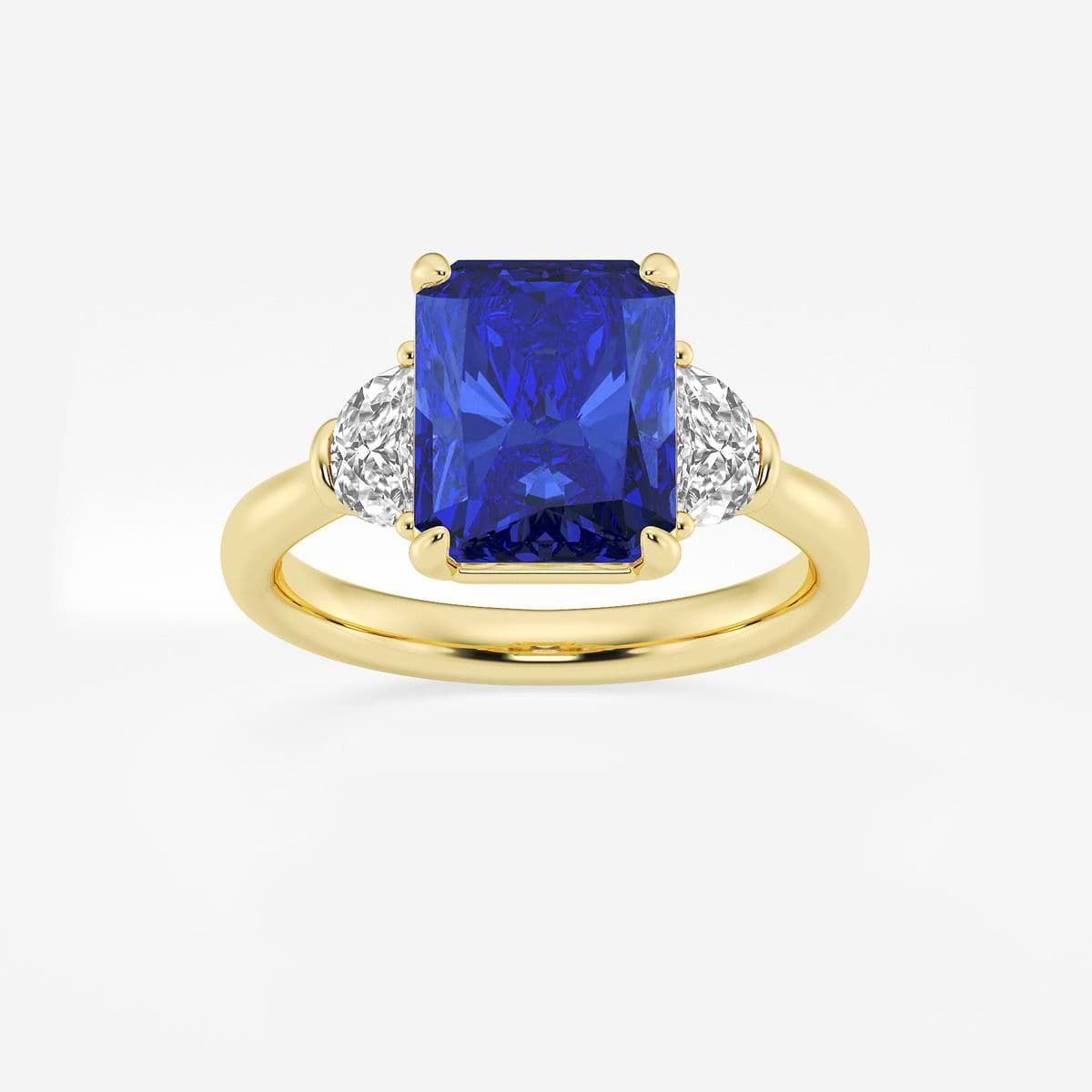 10x8mm Radiant Cut Created Sapphire and 5/8 ctw Lab Grown Diamond Three-Stone Engagement Ring 14K Yellow Gold