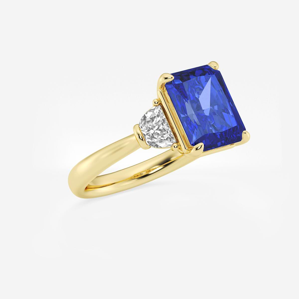 10x8mm Radiant Cut Created Sapphire and 5/8 ctw Lab Grown Diamond Three-Stone Engagement Ring 14K Yellow Gold