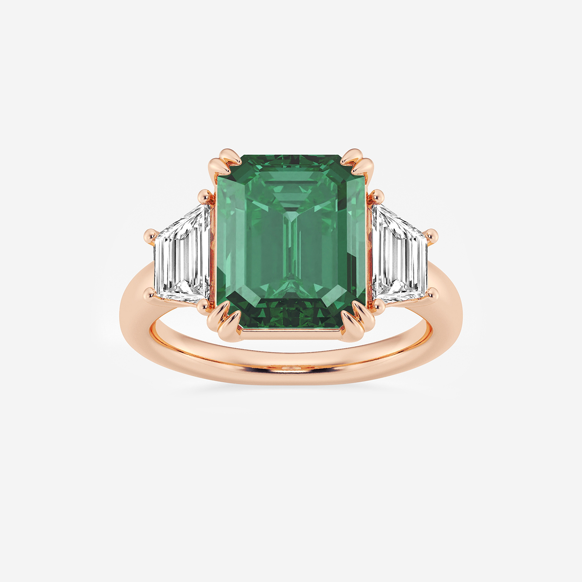 6 ctw Emerald Cut Emerald and Trapezoid Lab Grown Diamond Three-Stone Engagement Ring