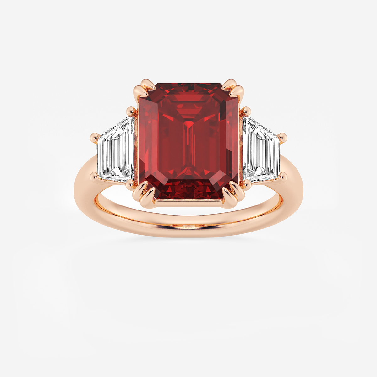 6 ctw Emerald Cut Ruby and Trapezoid Lab Grown Diamond Three-Stone Engagement Ring 14K Rose Gold