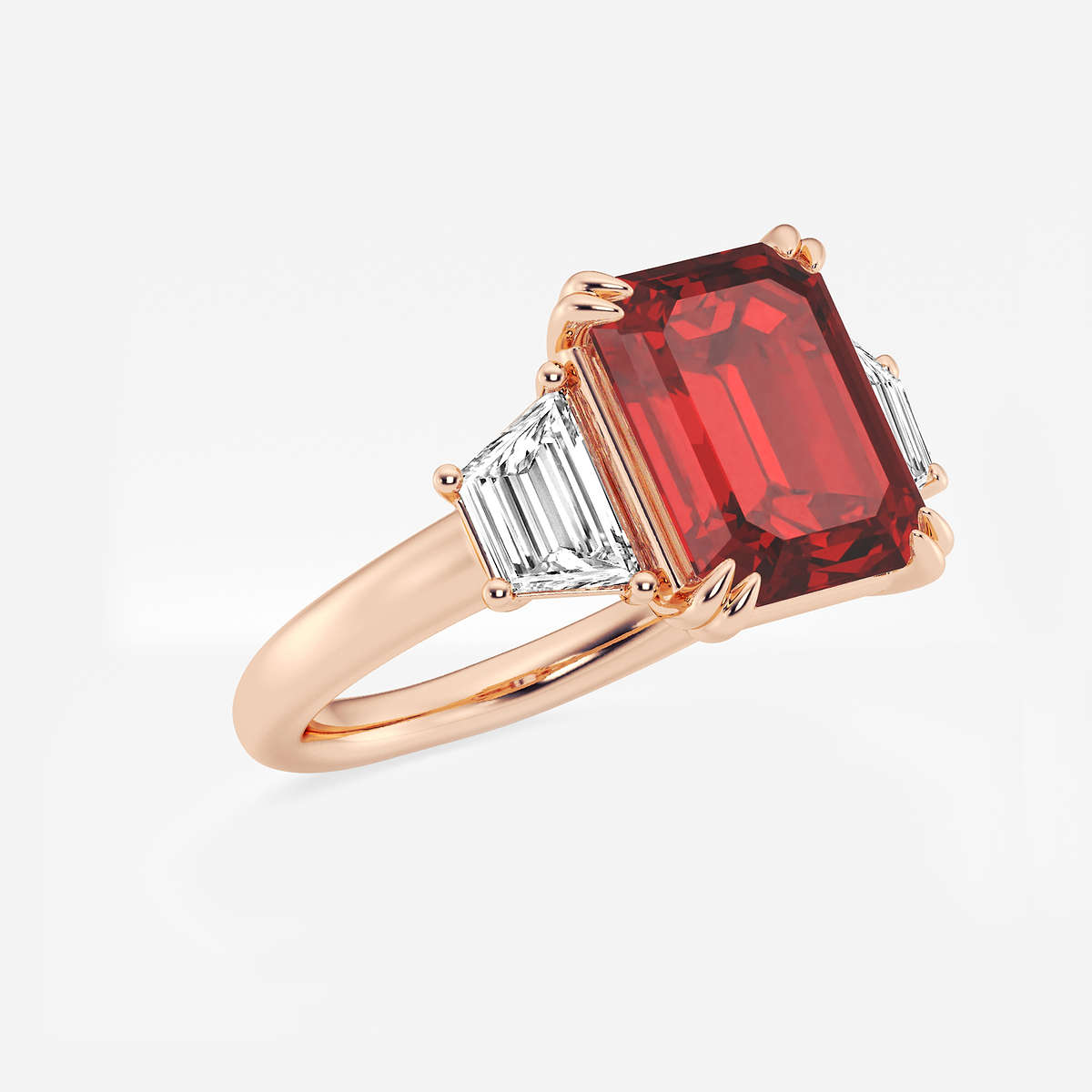 6 ctw Emerald Cut Ruby and Trapezoid Lab Grown Diamond Three-Stone Engagement Ring 14K Rose Gold