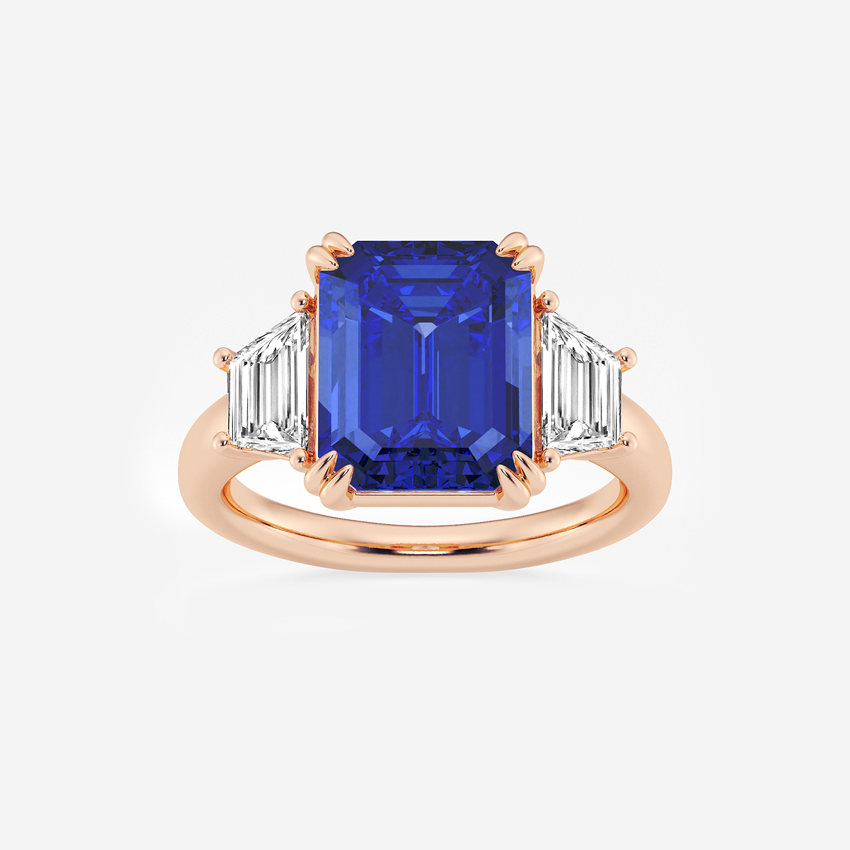 6 ctw Emerald Cut Sapphire and Trapezoid Lab Grown Diamond Three-Stone Engagement Ring